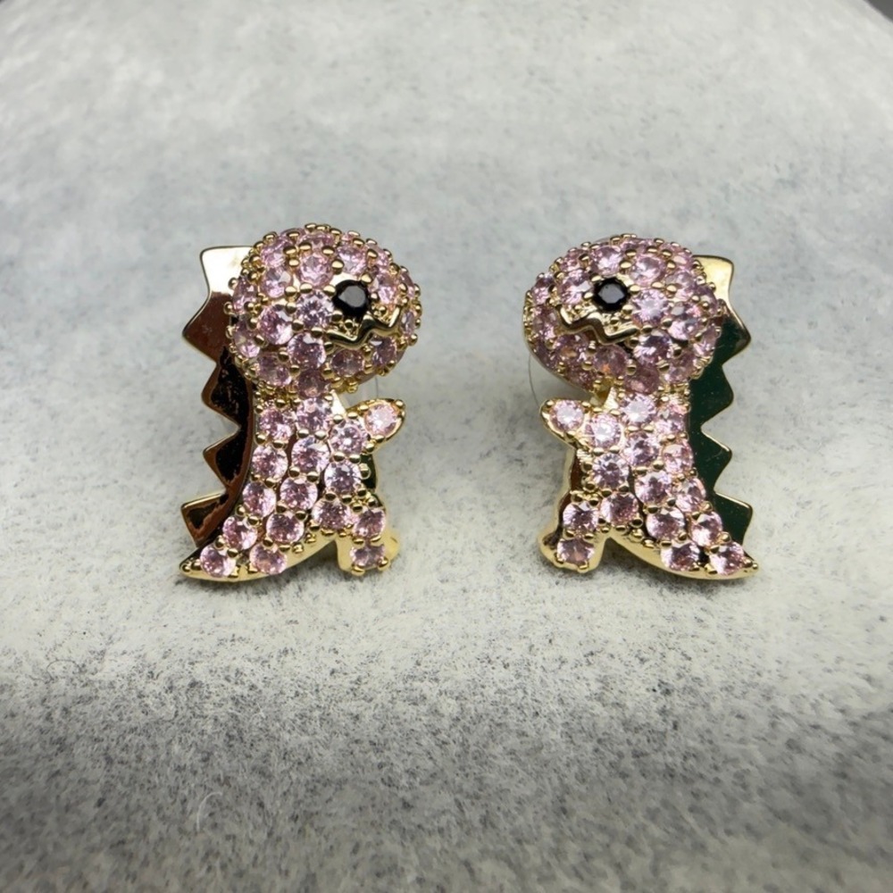 Sterling Silver Dinosaur Stud Earrings Pink Rhinestone Kidcore
